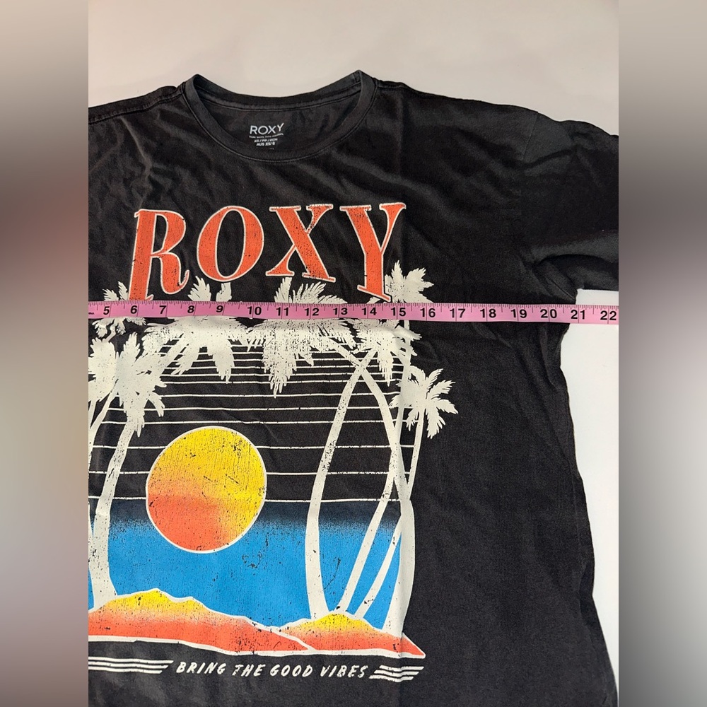 ROXY “Bring the Good Vibes” Black Cotton Vintage Style Band Boho T-Shirt Tee XS - Picture 6 of 8